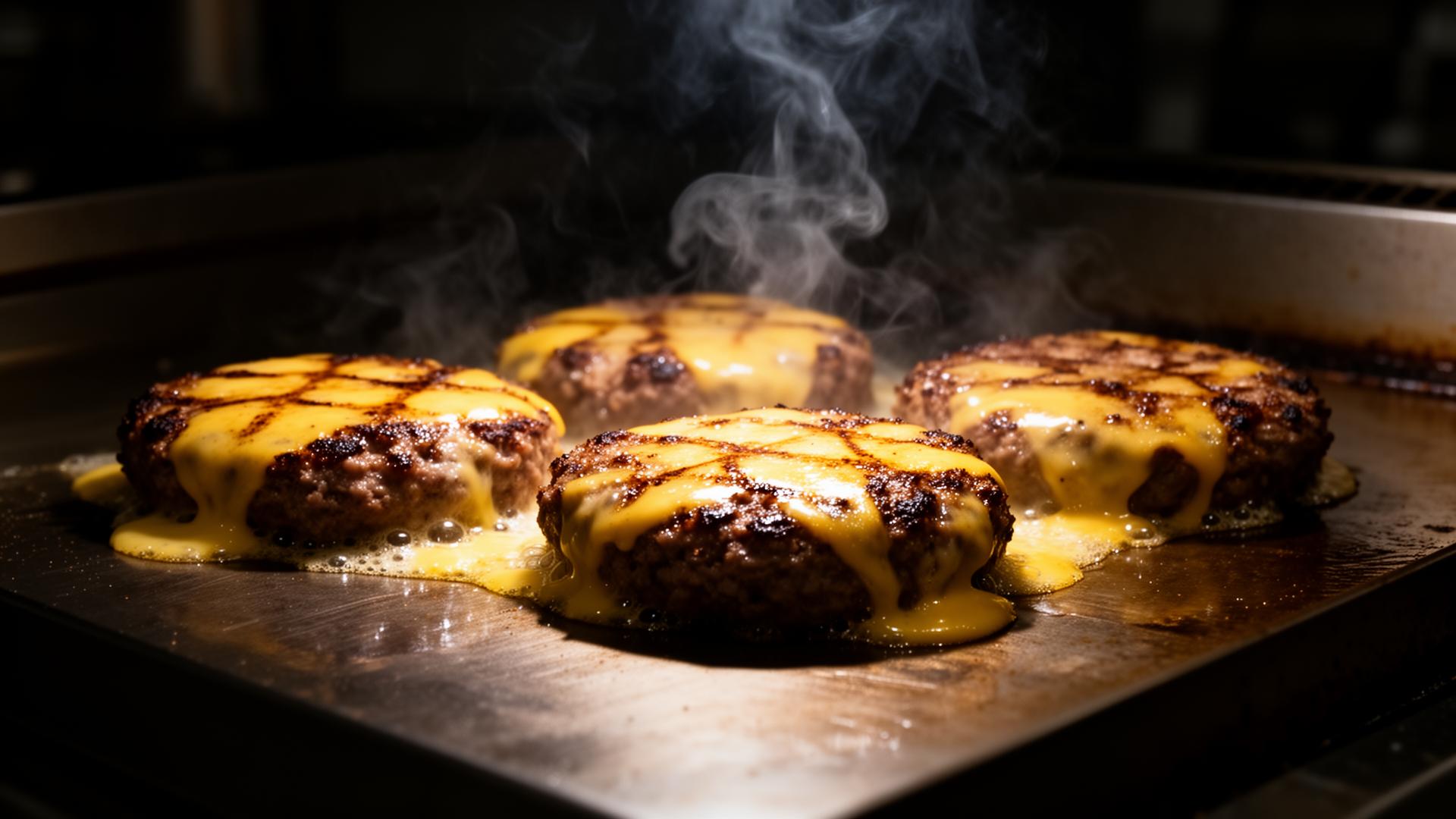 Plancha profesional con hamburguesas chisporroteando